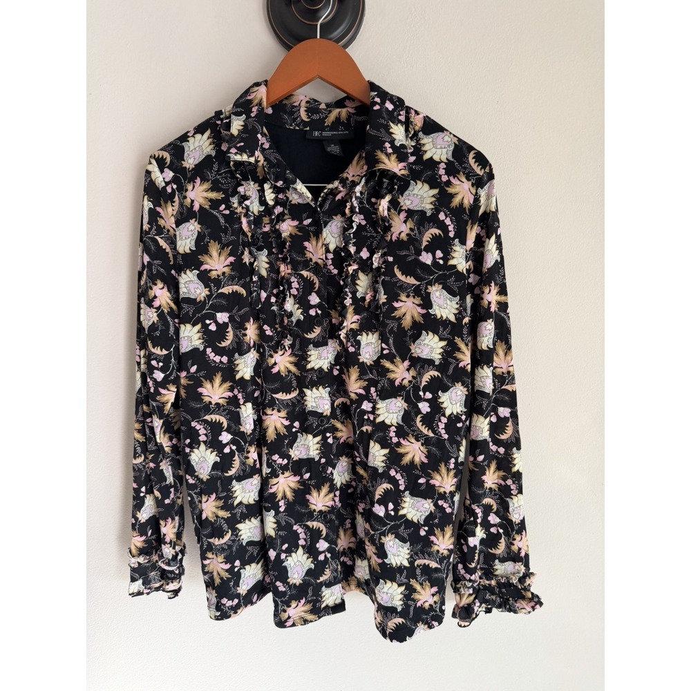 INC Black Floral Paisley Boho Whimsigoth Retro‎ Ruffle Button Blouse Size 1X